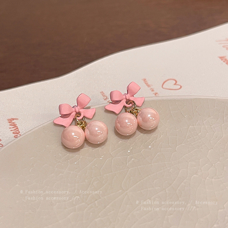 Earring Stud Girly Sweet Pink Bow Round Bead HXEA1834