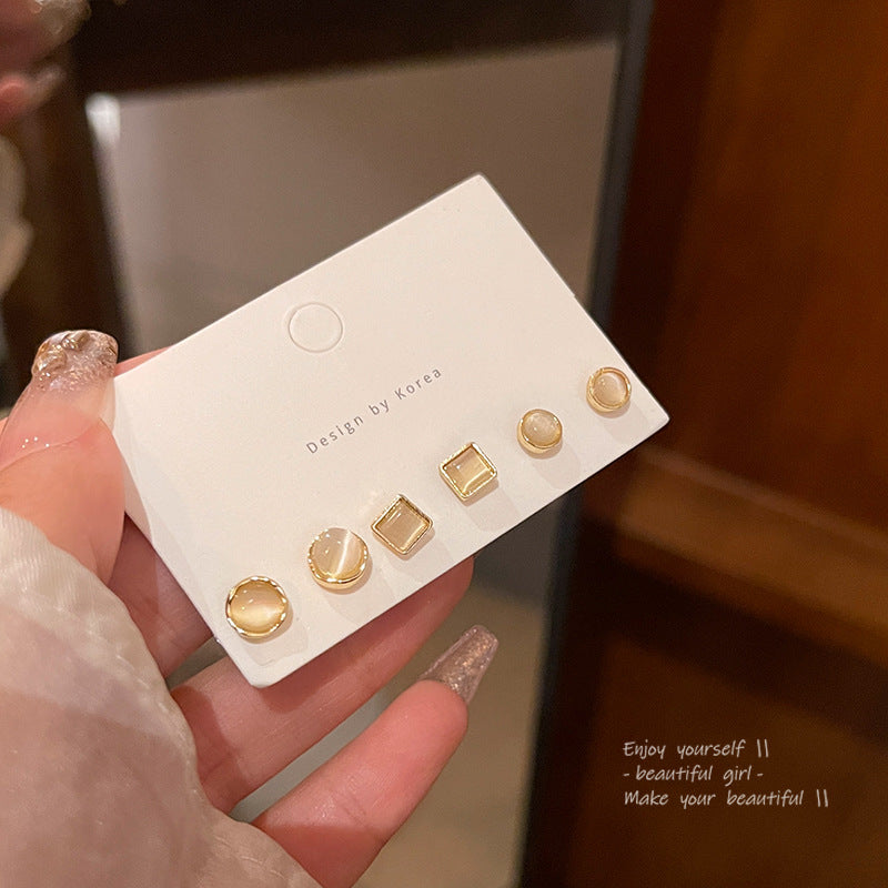 Earring Stud Set Simple Geometric Cat's Eye Stone HXEA1853