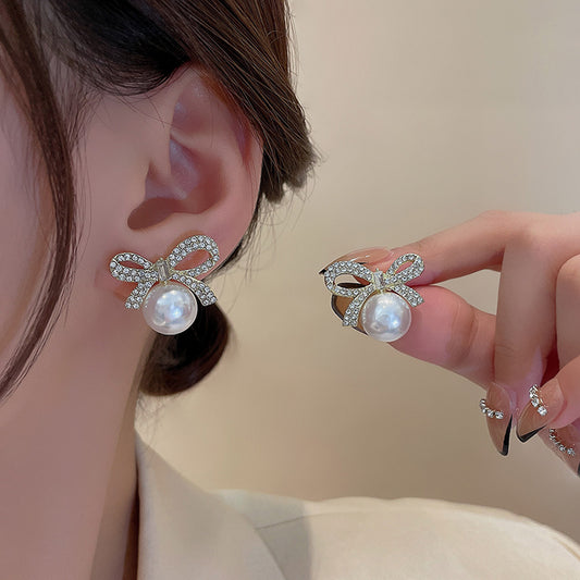 Earring Stud Luxury Niche Simple Bow Pearl HXEE5289