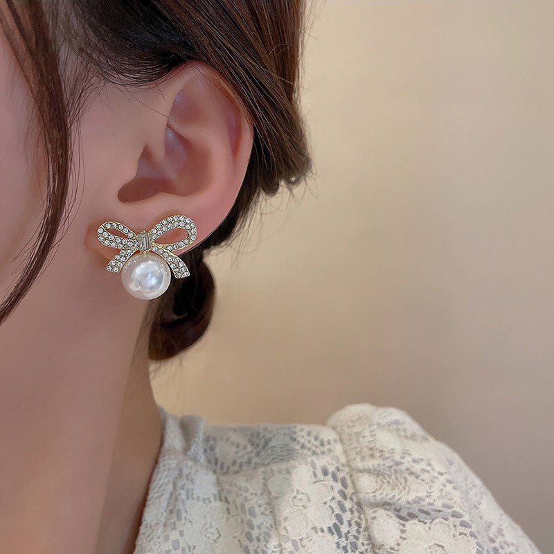Earring Stud Luxury Niche Simple Bow Pearl HXEE5289