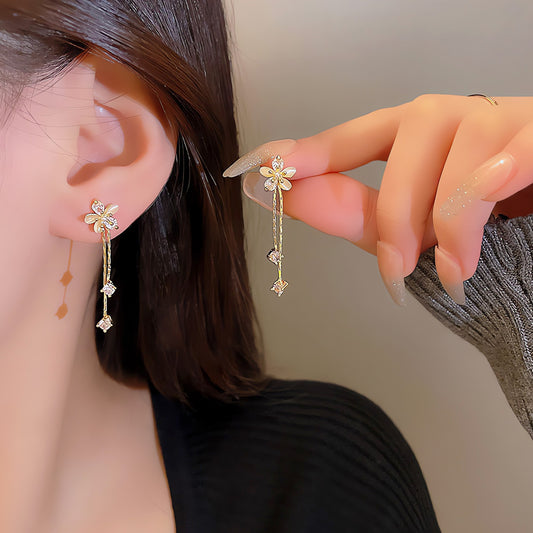 Earring Stud Long Tassel Cat's Eye Flower HXEE5416