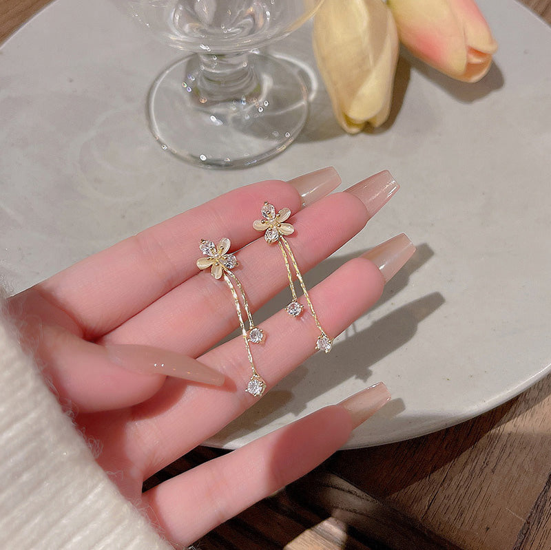 Earring Stud Long Tassel Cat's Eye Flower HXEE5416