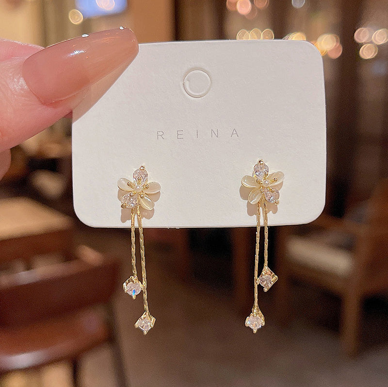 Earring Stud Long Tassel Cat's Eye Flower HXEE5416