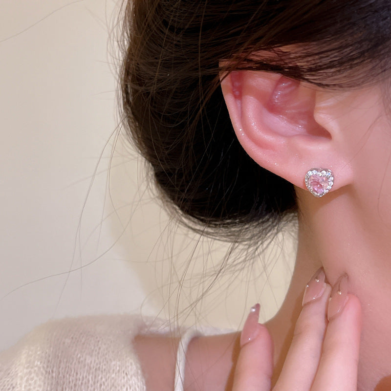 Earring Stud Niche Exquisite Pink Zircon Heart HXEE5609