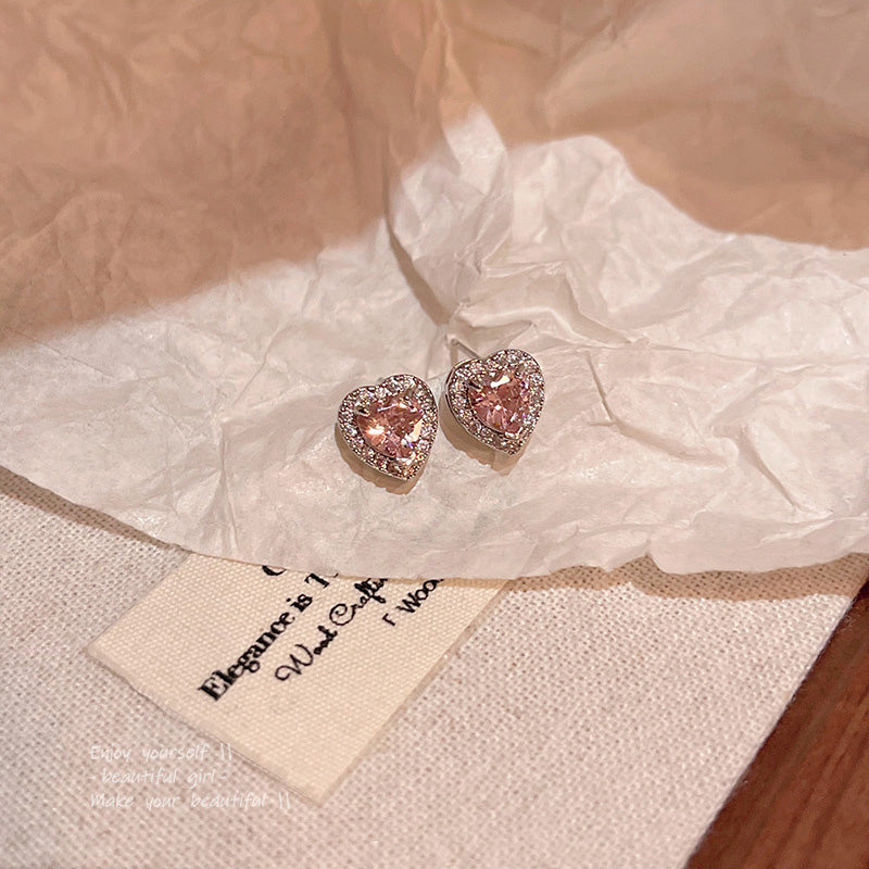 Earring Stud Niche Exquisite Pink Zircon Heart HXEE5609
