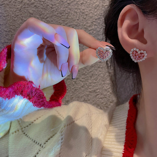 Earring Stud Simple Pink Zircon Love Heart HXEE5669