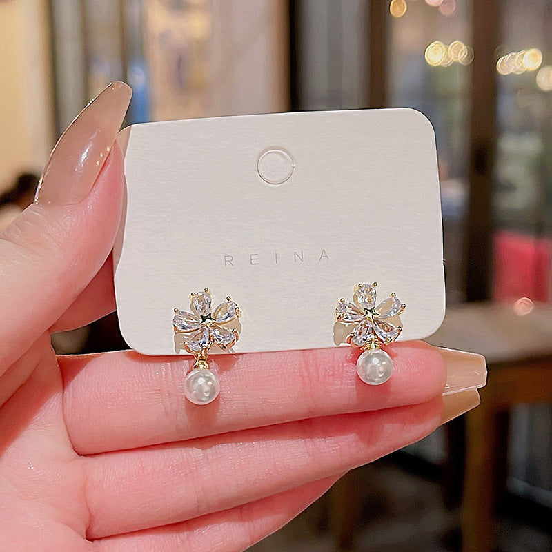 Earring Stud Niche Exquisite Zircon Flower Pearl HXEE6025
