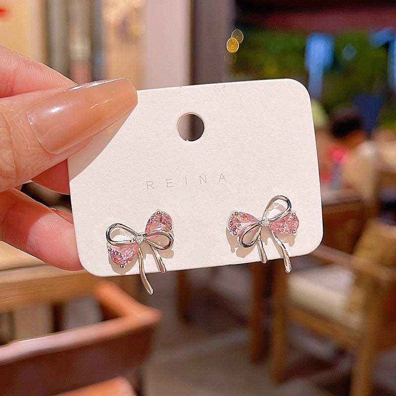 Earring Stud Clear Sweet Pink Zircon Bow HXEE6039