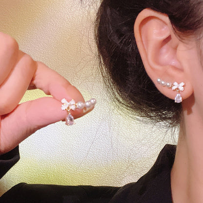 Earring Stud Niche Flower Tassel Pearl HXEE6089