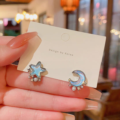 Earring Stud Sweet Cute Blue Star Moon HXEE6107