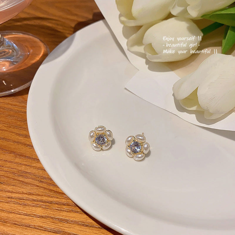 Earring Stud Niche Pearl Zircon Flower HXEE6119