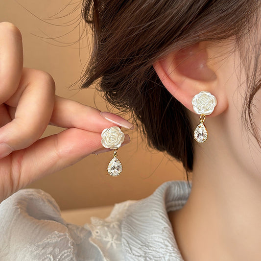 Earring Stud Camellia Flower Niche Water Drop Shaped Zircon HXEE6263