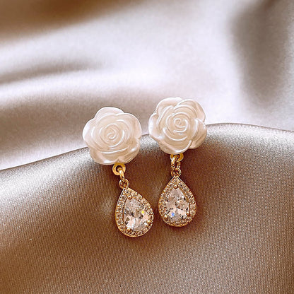 Earring Stud Camellia Flower Niche Water Drop Shaped Zircon HXEE6263