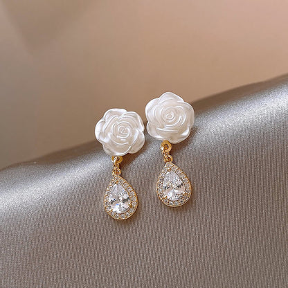 Earring Stud Camellia Flower Niche Water Drop Shaped Zircon HXEE6263