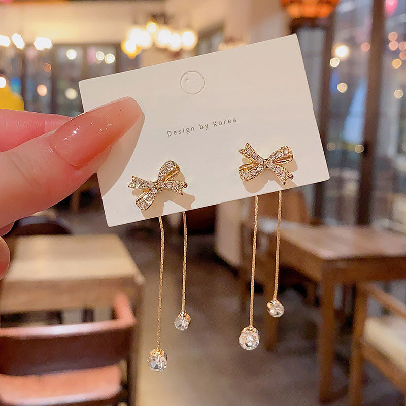 Earring Stud Long Super Flash Diamond Tassel Bow HXLA0577