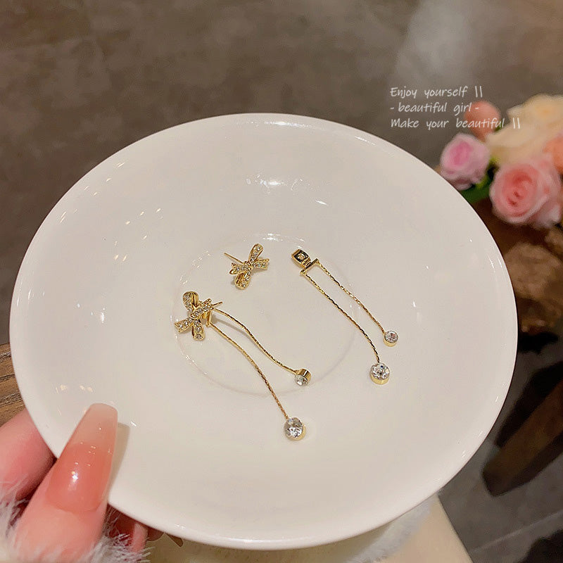 Earring Stud Long Super Flash Diamond Tassel Bow HXLA0577