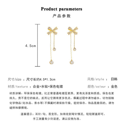 Earring Stud Long Super Flash Diamond Tassel Bow HXLA0577