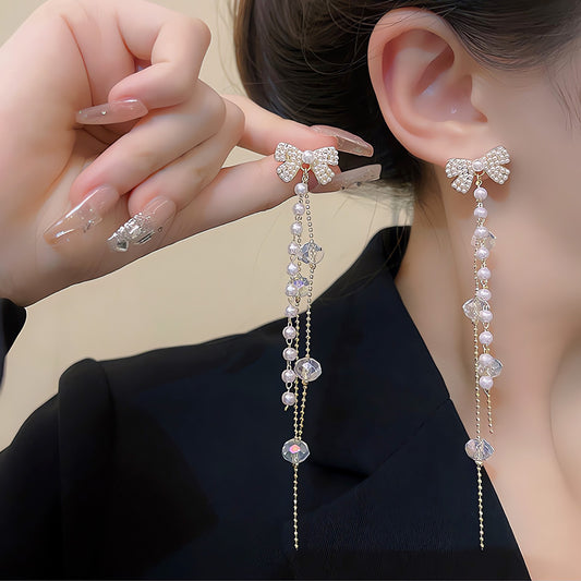 Earring Stud Long Tassel Bow Pearl HXLA0618