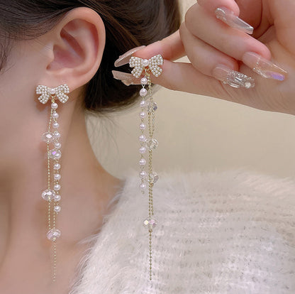 Earring Stud Long Tassel Bow Pearl HXLA0618