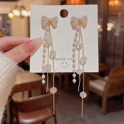 Earring Stud Long Tassel Bow Pearl HXLA0618