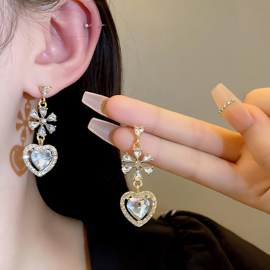 Earring Stud Long Flower Heart Zircon HXLA0859