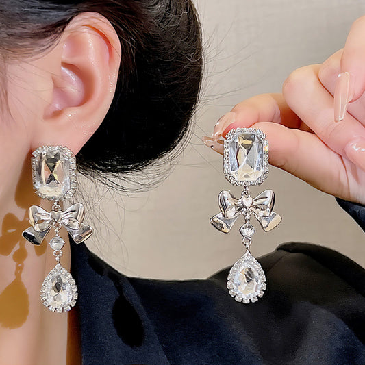 Earring Stud Long Exaggerated Geometric Bow Rhinestone HXLA0869