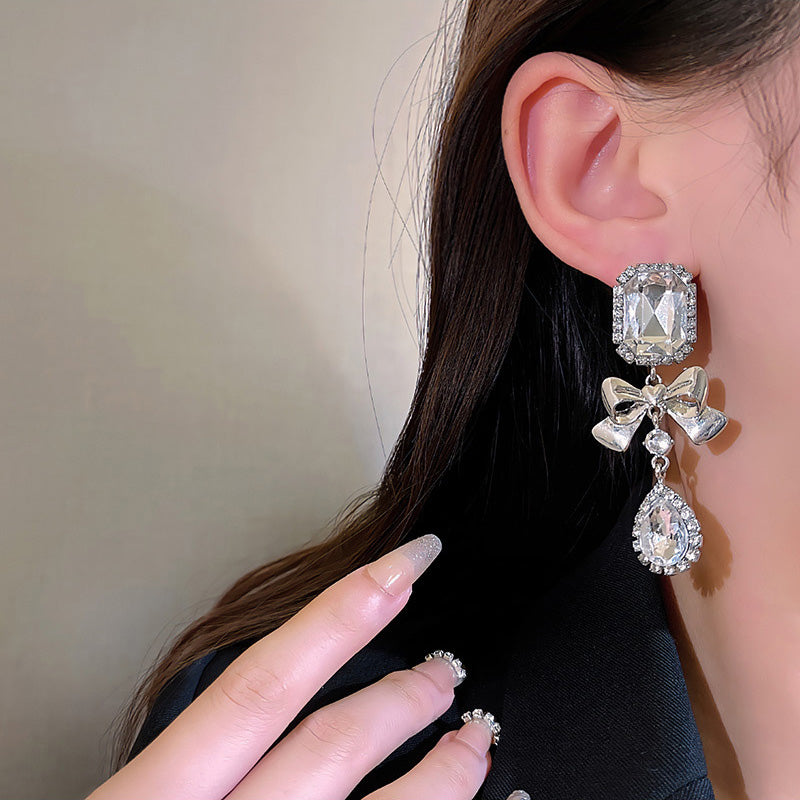 Earring Stud Long Exaggerated Geometric Bow Rhinestone HXLA0869