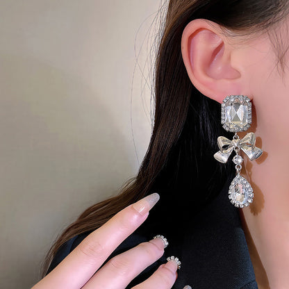 Earring Stud Long Exaggerated Geometric Bow Rhinestone HXLA0869