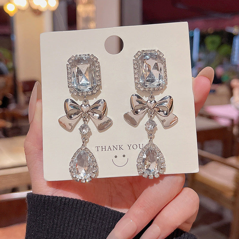 Earring Stud Long Exaggerated Geometric Bow Rhinestone HXLA0869
