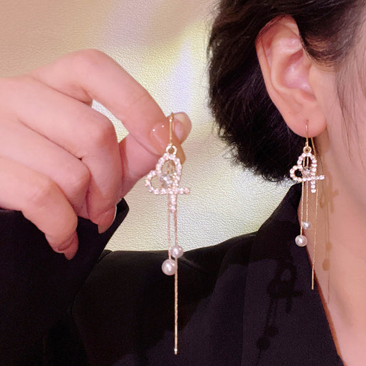 Earring Hook Long Tassel Love Pearl HXLA1013