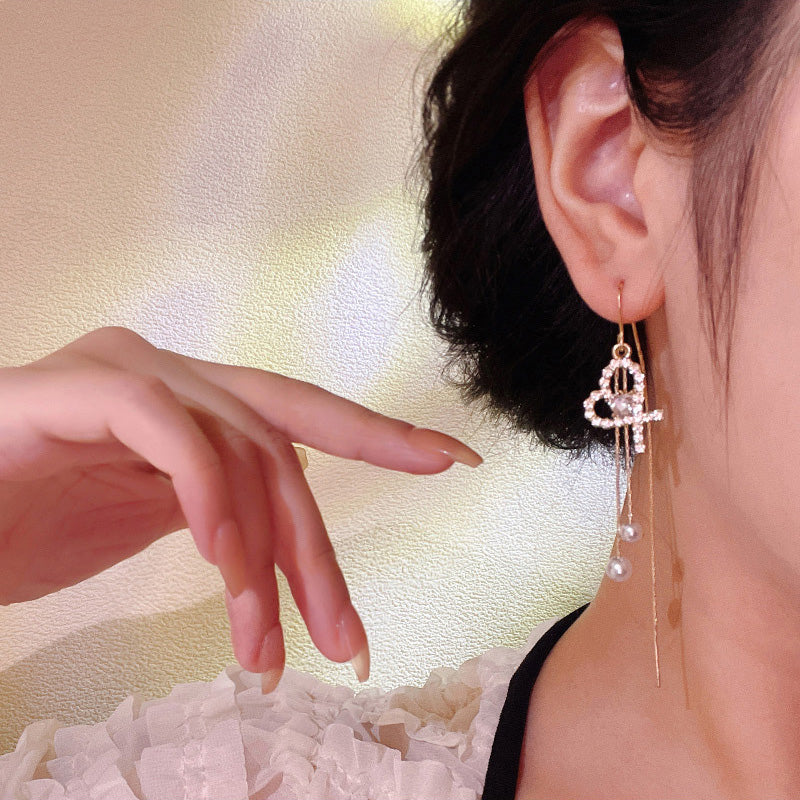 Earring Hook Long Tassel Love Pearl HXLA1013