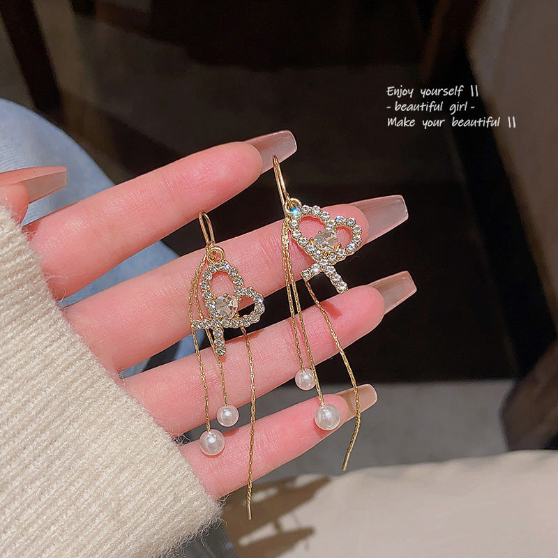 Earring Hook Long Tassel Love Pearl HXLA1013