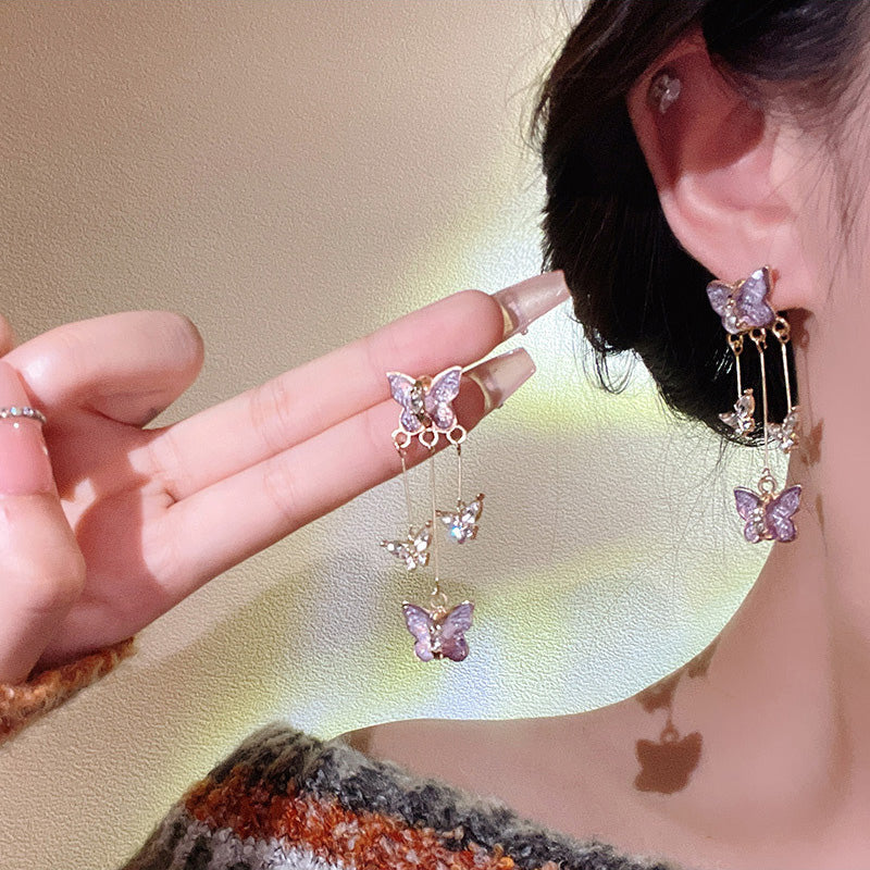 Earring Stud Long Super Fairy Purple Butterfly Tassel HXLA1042