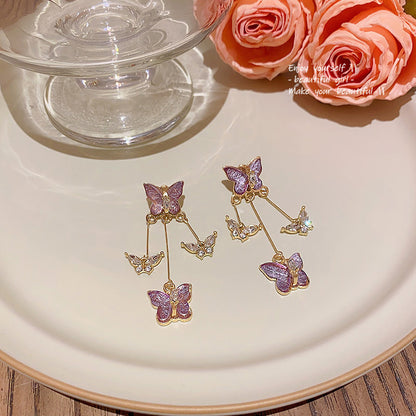 Earring Stud Long Super Fairy Purple Butterfly Tassel HXLA1042