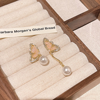 Earring Long Asymmetric Crystal Butterfly Pearl HXLA1514