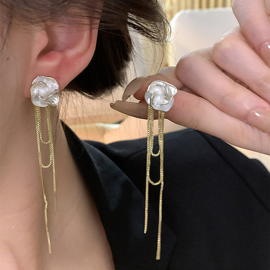 Earring Long Tassel Camellia Flower HXLA1589