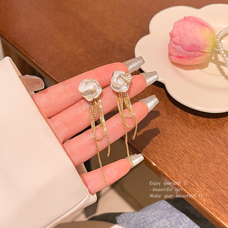 Earring Long Tassel Camellia Flower HXLA1589