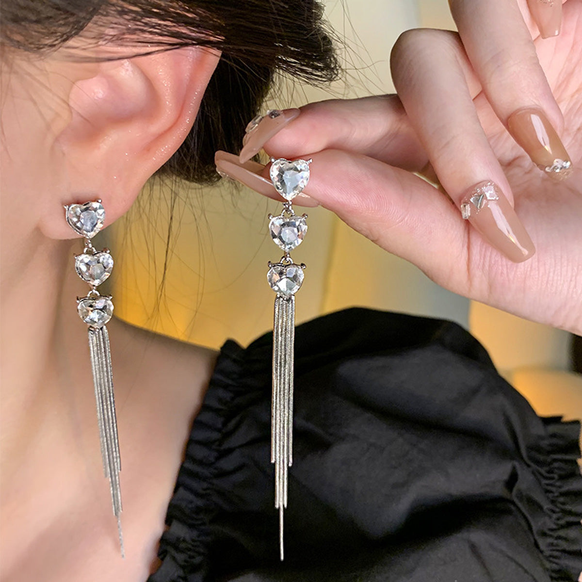 Earring Long Tassel Super Flash Diamond Heart HXLA1632