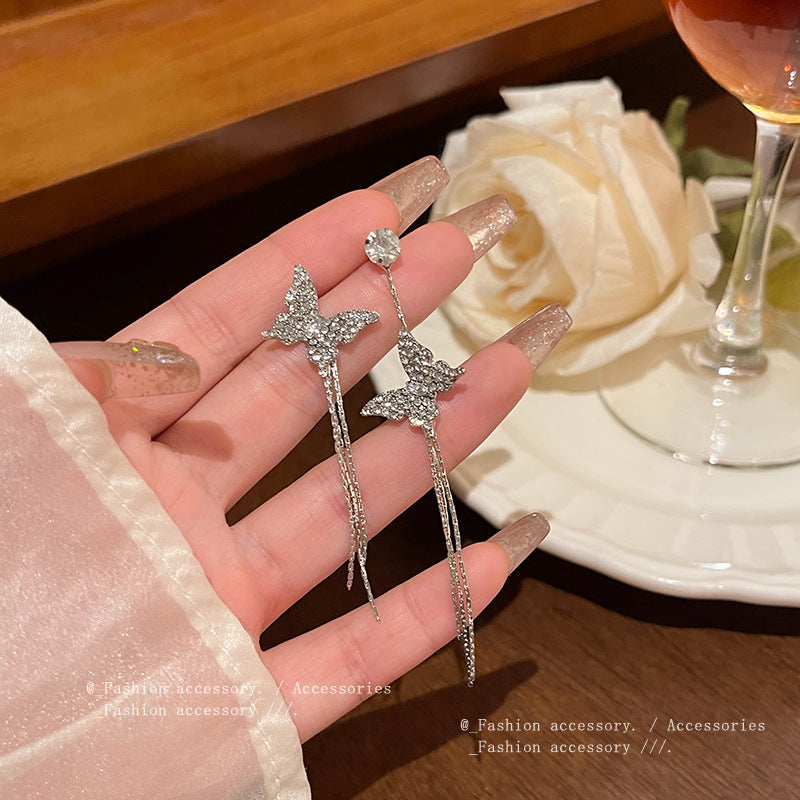 Earring Stud Long Tassel Butterfly Zircon HXLA1633