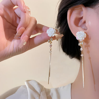 Earring Long Tassel Camellia Flower Fairy Temperament Zircon Bow HXLE6092