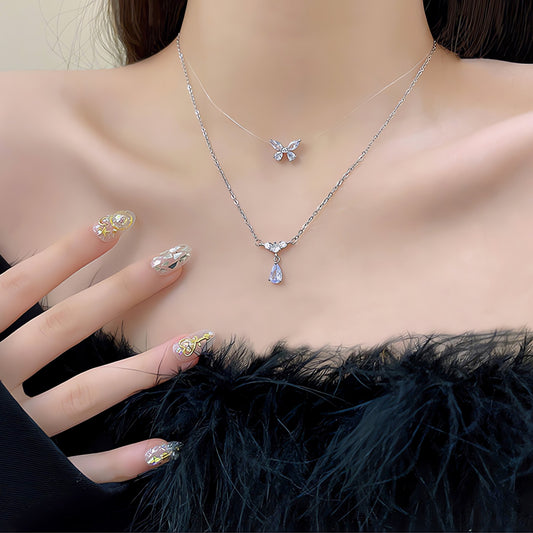 Necklace Double Layer Zircon Butterfly Drop Shaped HXNX1020