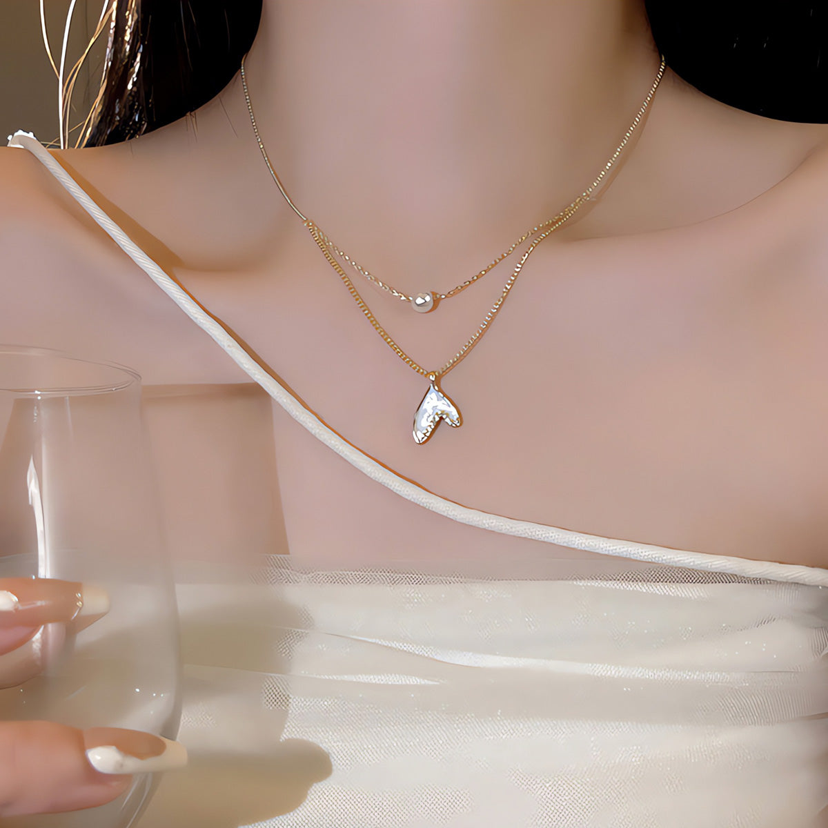 Necklace Double Layer Pearl Fishtail HXNX1080