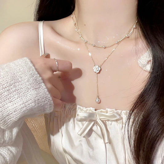 Necklace Double Layer Camellia Clavicle Tassel Pearl HXNX1127