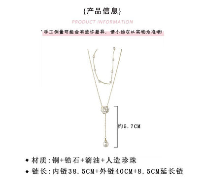 Necklace Double Layer Camellia Clavicle Tassel Pearl HXNX1127