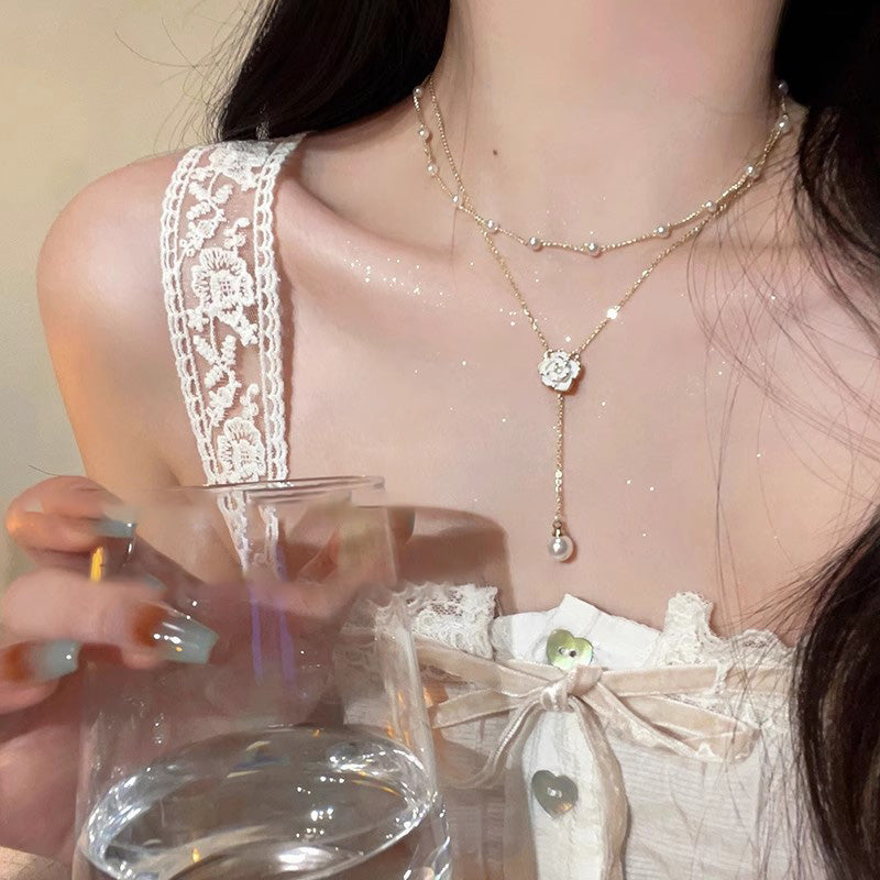 Necklace Double Layer Camellia Clavicle Tassel Pearl HXNX1127
