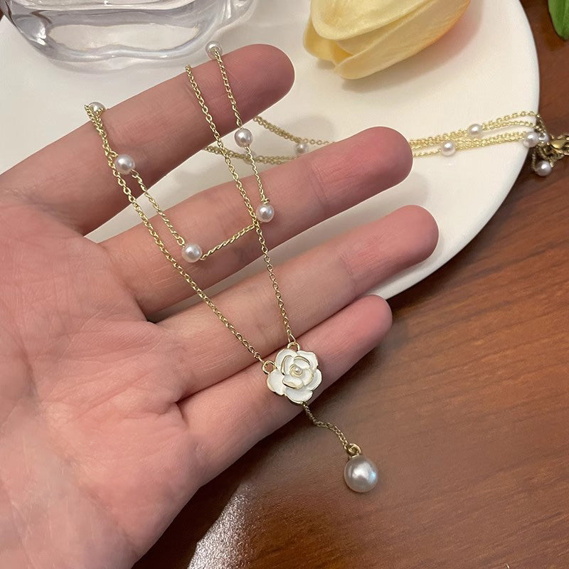 Necklace Double Layer Camellia Clavicle Tassel Pearl HXNX1127