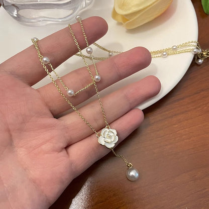 Necklace Double Layer Camellia Clavicle Tassel Pearl HXNX1127