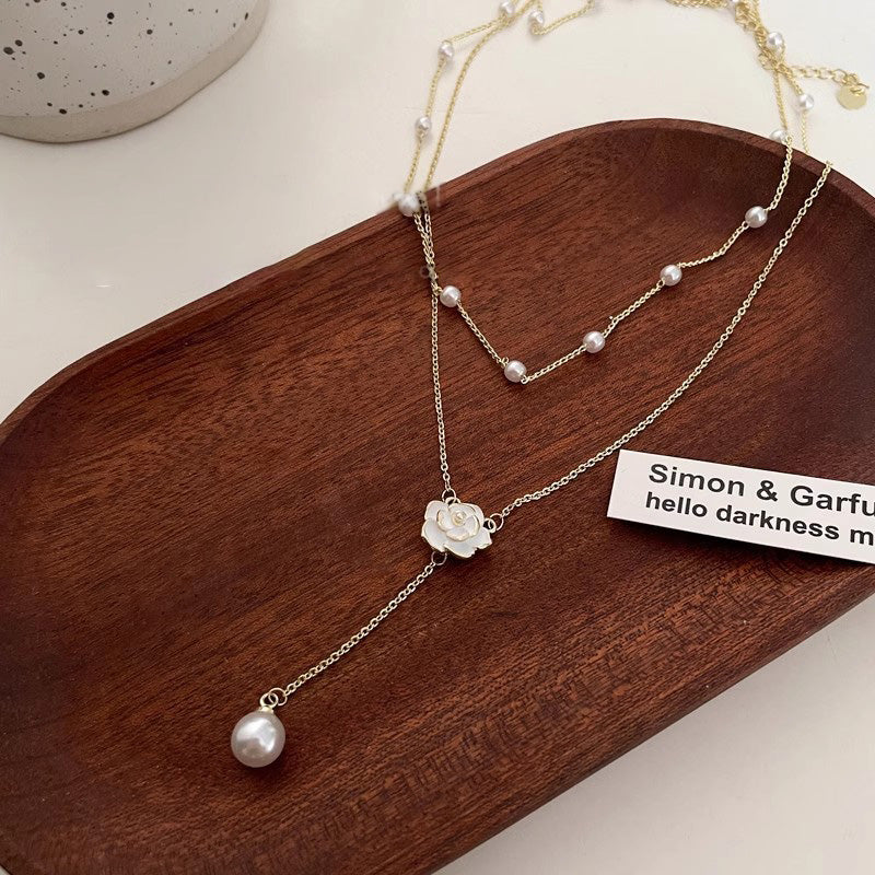 Necklace Double Layer Camellia Clavicle Tassel Pearl HXNX1127