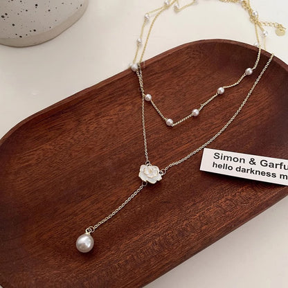Necklace Double Layer Camellia Clavicle Tassel Pearl HXNX1127