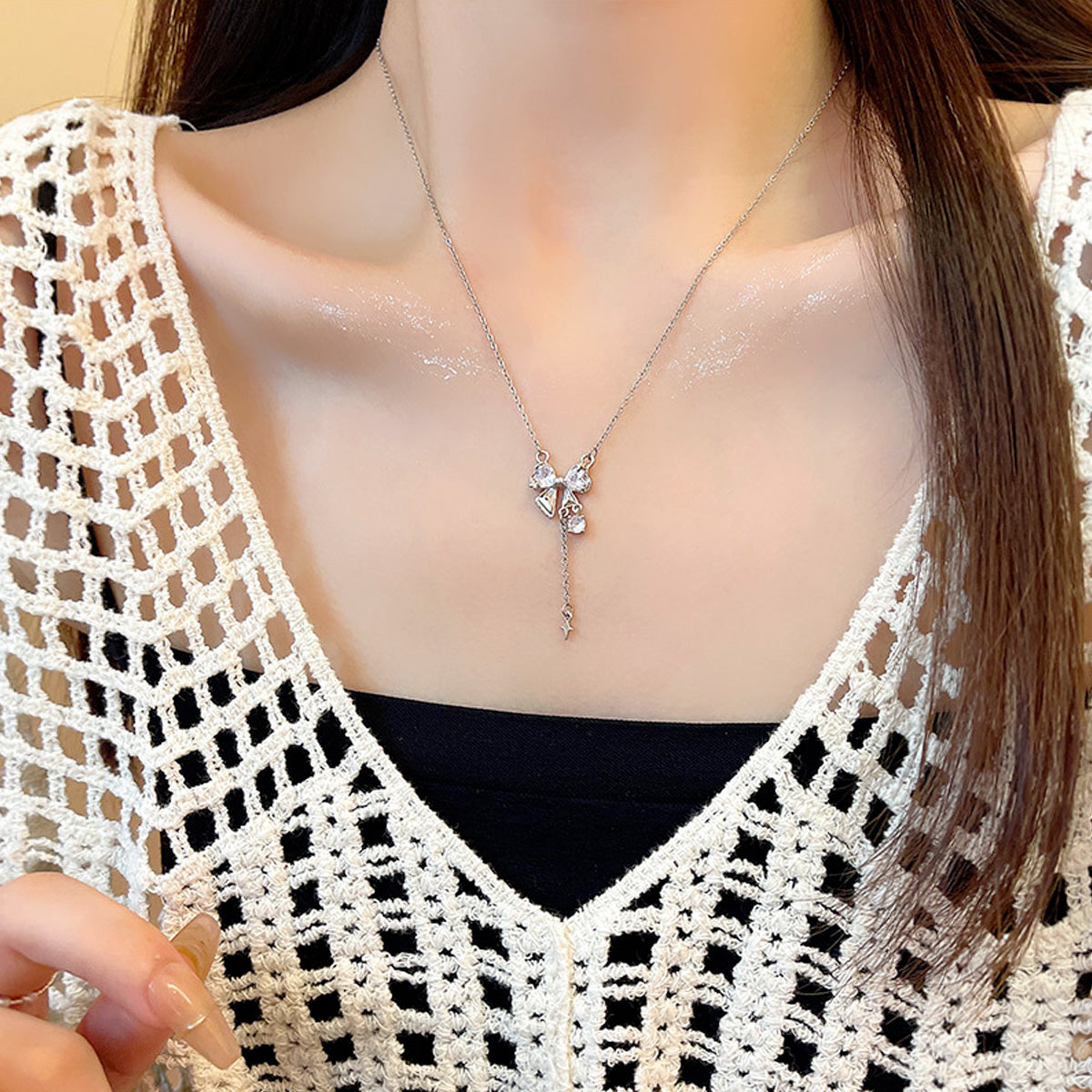 Necklace Bow Long Tassel Exquisite Zircon HXNX1173